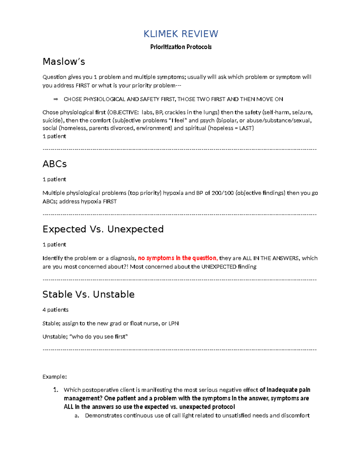 Klimek Priority Lecture 1 AND Notes - KLIMEK REVIEW Prioritization ...