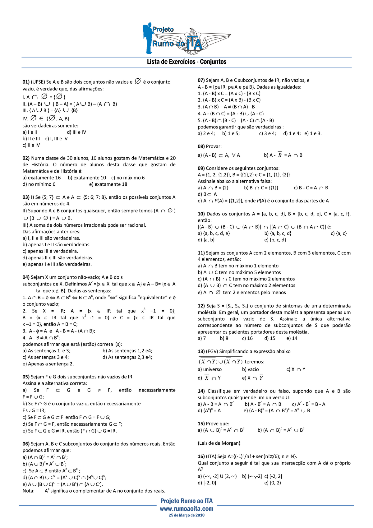 Lista De Exerc Cios Conjuntos Ufse Se A E B S O Studocu