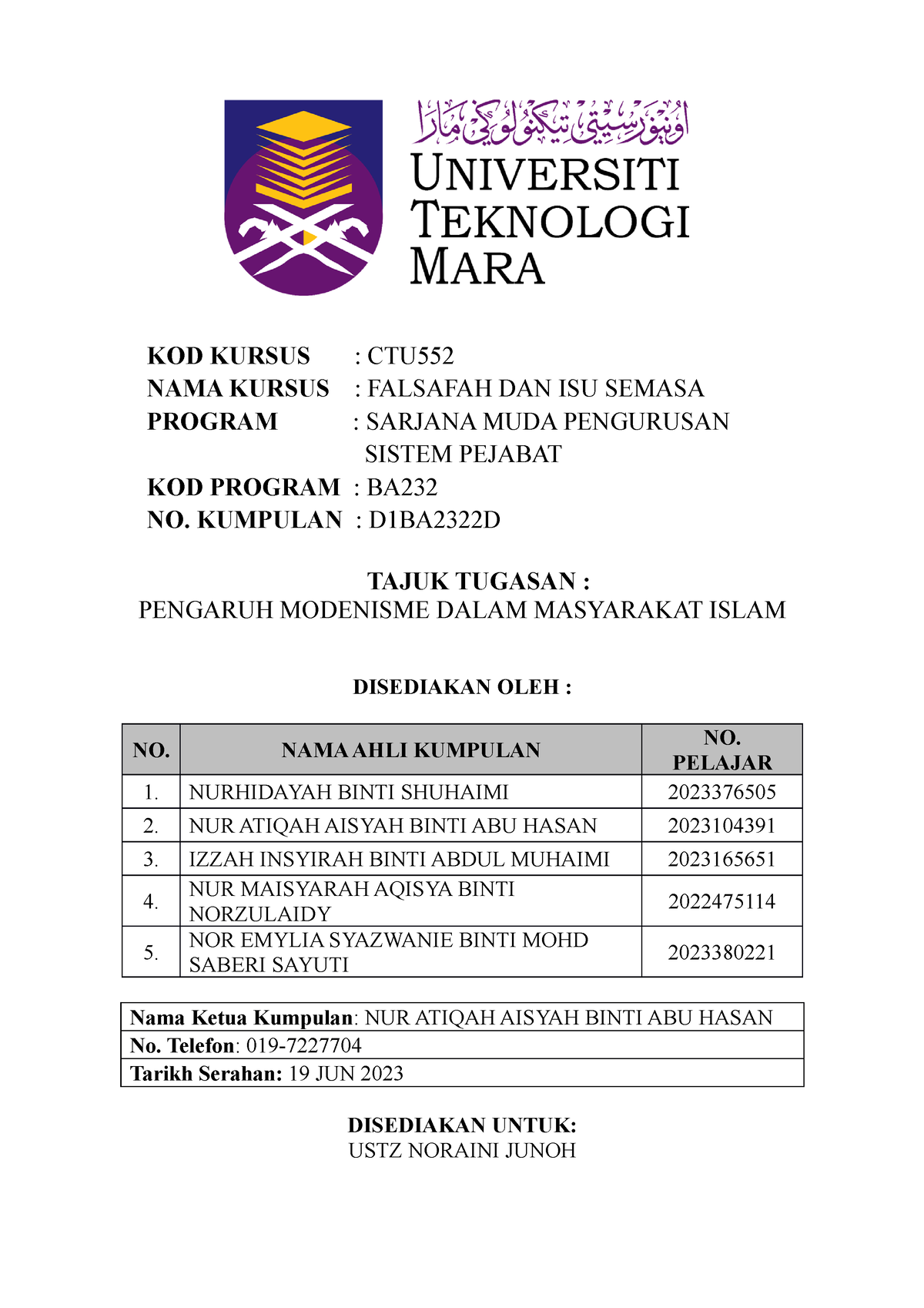 Kertas Kerja CTU552 - Philosophy And Current Issues - UiTM - Studocu