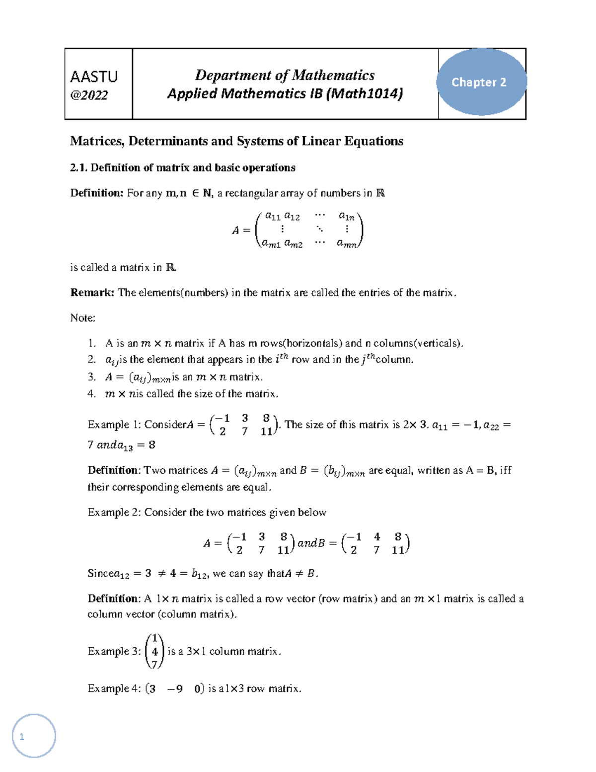 Ch-2(matrix) - lecture - AASTU @ Applied Mathematics IB (Math1014 ...