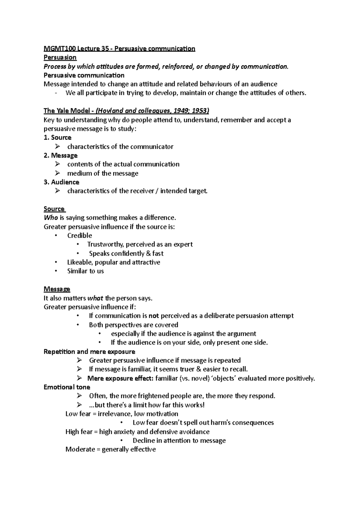 MGMT100 L35 - MGMT100 Lecture 35 - Persuasive communication Persuasion ...