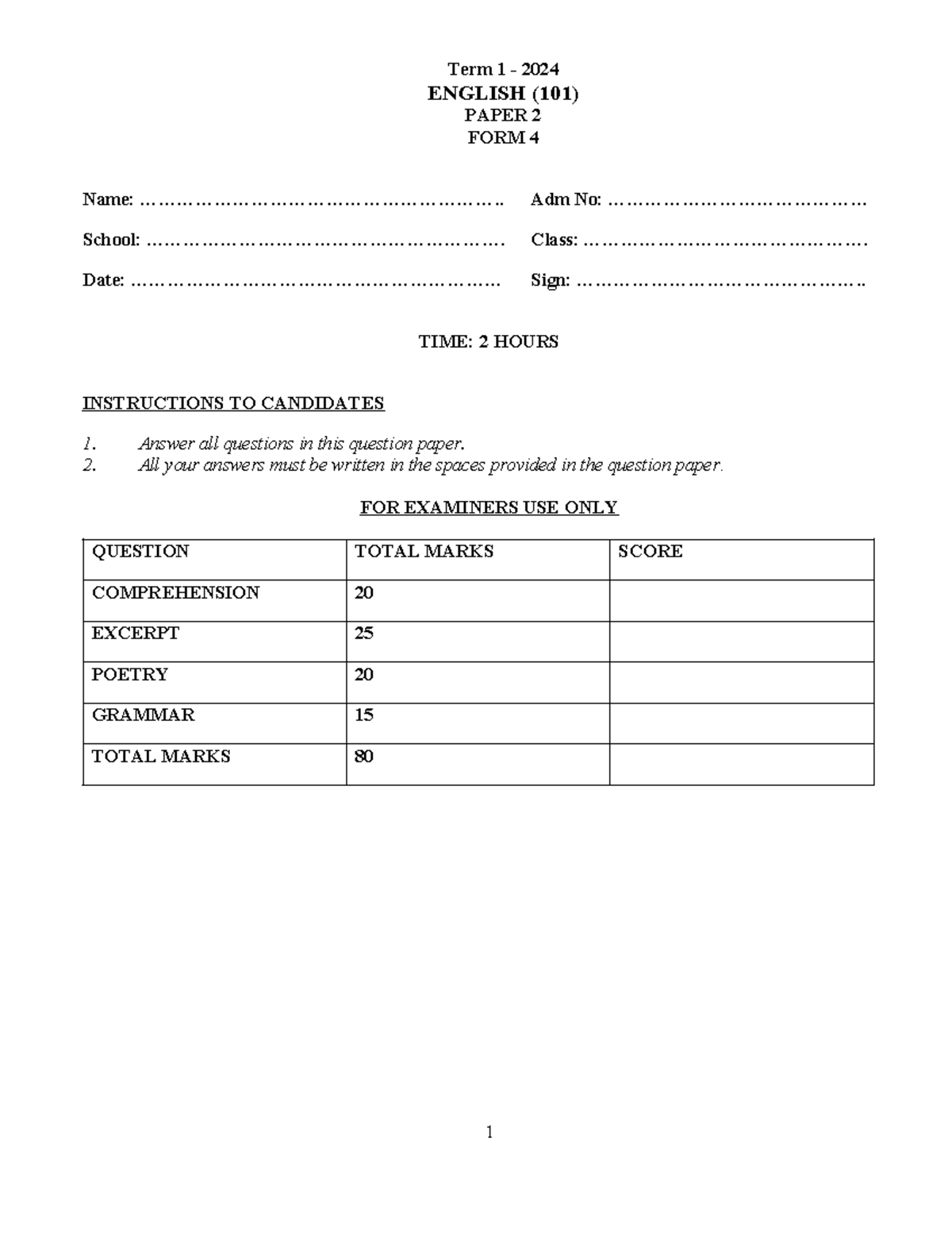 Form 4 English - Paper 2 - Question Paper - Term 1 - 2024 ENGLISH (101 ...