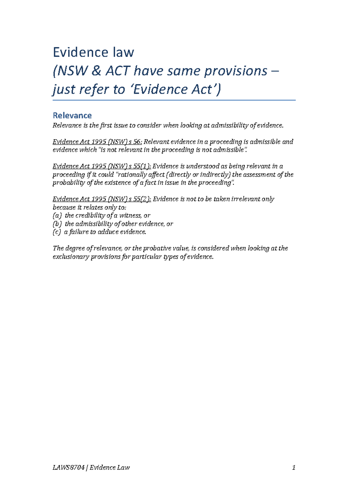 Evidence Law Exam Notes 2017 - Evidence Law (NSW & ACT Have Same ...