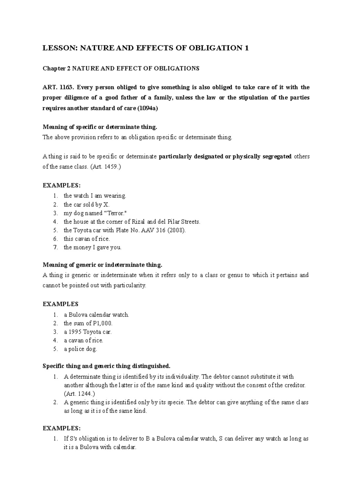 Lecture Nature And Effects Of Obligation 1 - LESSON: NATURE AND EFFECTS ...