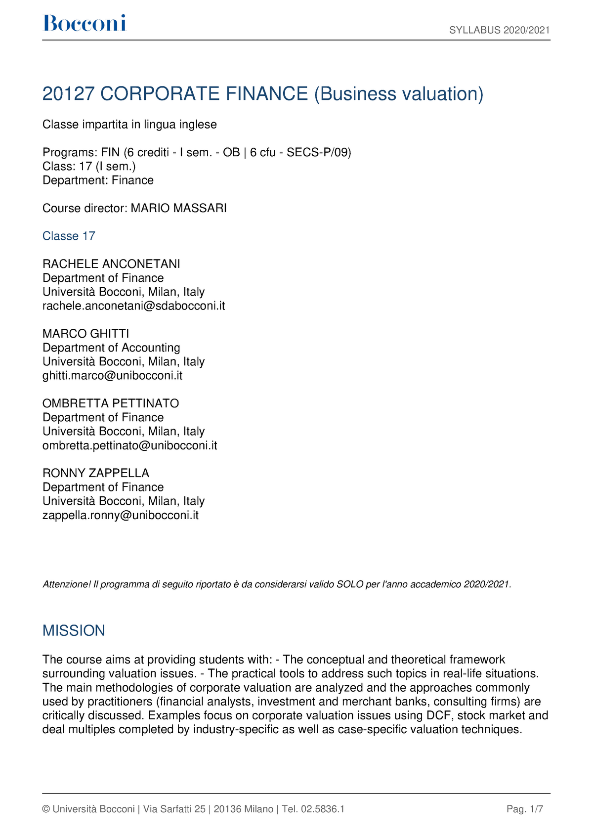 Syllabus - 20127 CORPORATE FINANCE (Business valuation) Classe impartita in  lingua inglese Programs: - Studocu