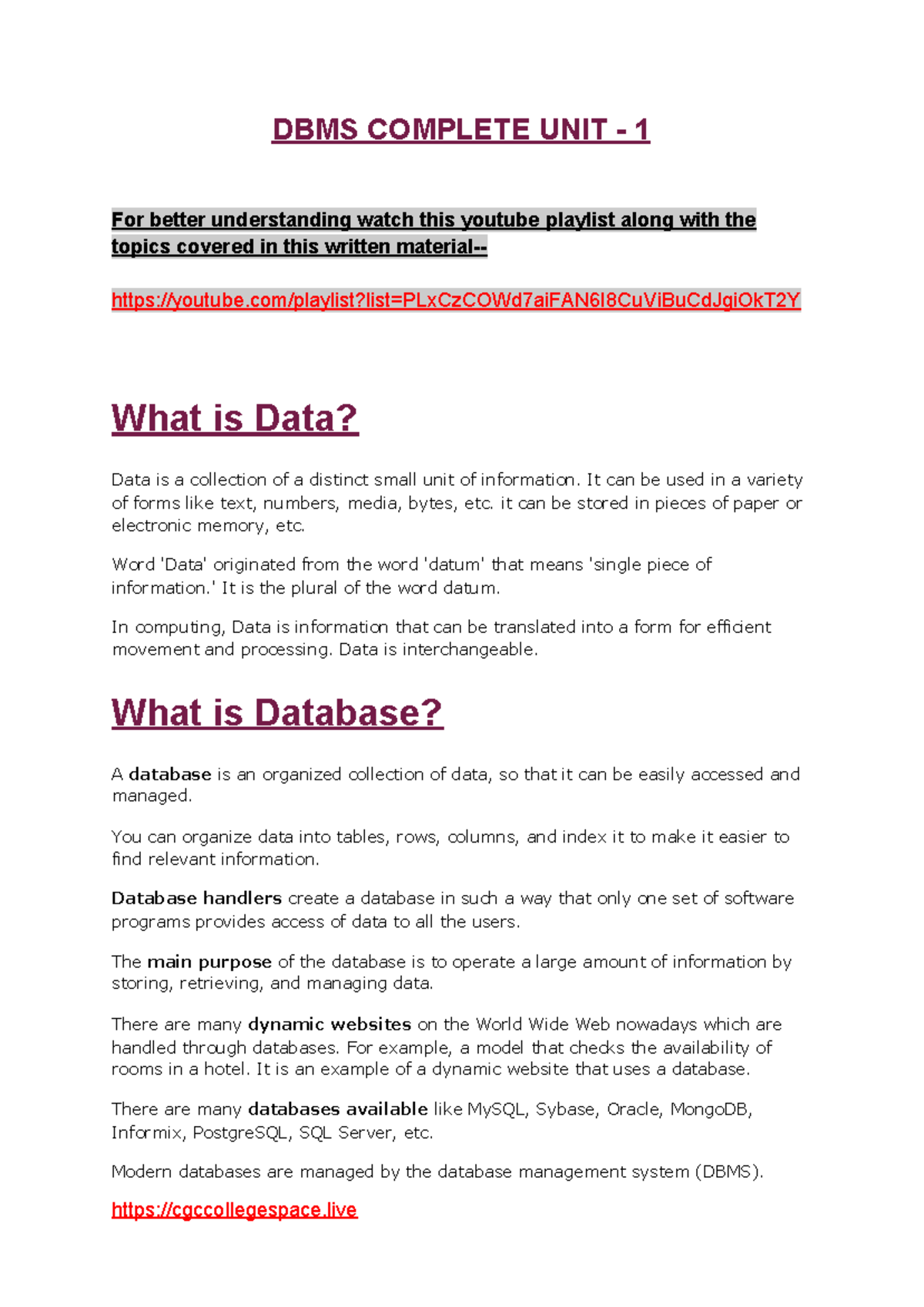 DBMS UNIT - 1 - Dbms Unit 1 - DBMS COMPLETE UNIT - 1 For Better ...