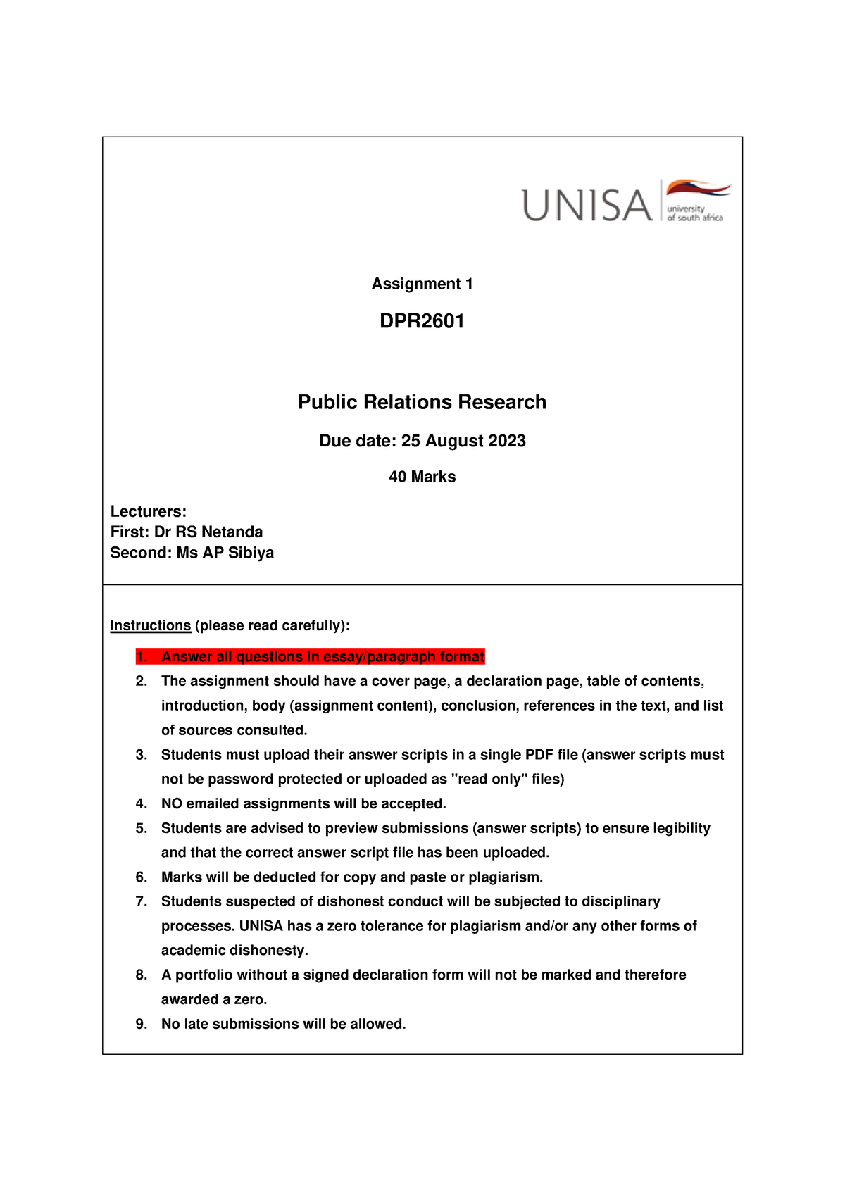 DPR2601 2023 S1 Assignment 1 Questions - Unisa - Studocu