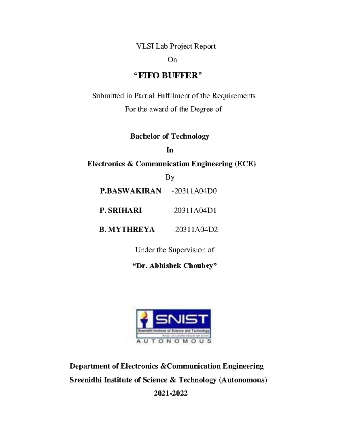 Fifo Report New - Vlsi Lab Project Report On “fifo Buffer” Submitted In 