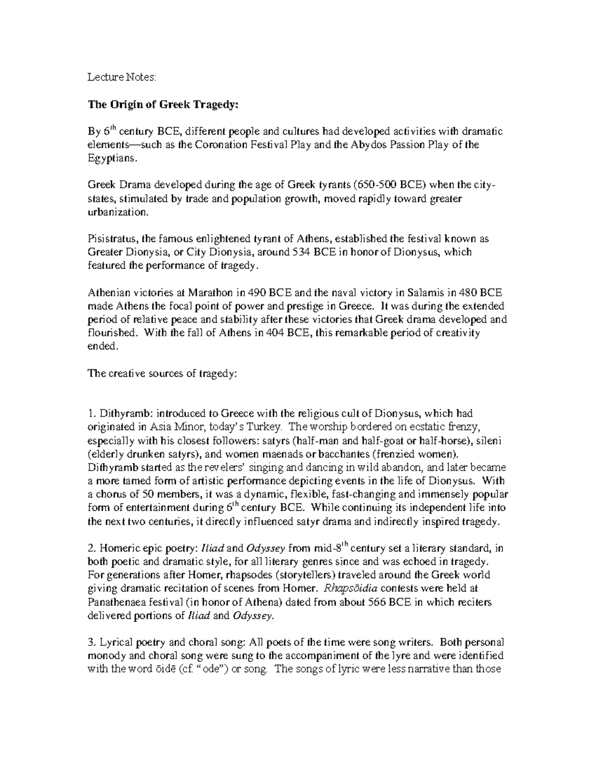 Lecture Notes For Greek Tragedy Lecture Notes The Origin Of Greek 