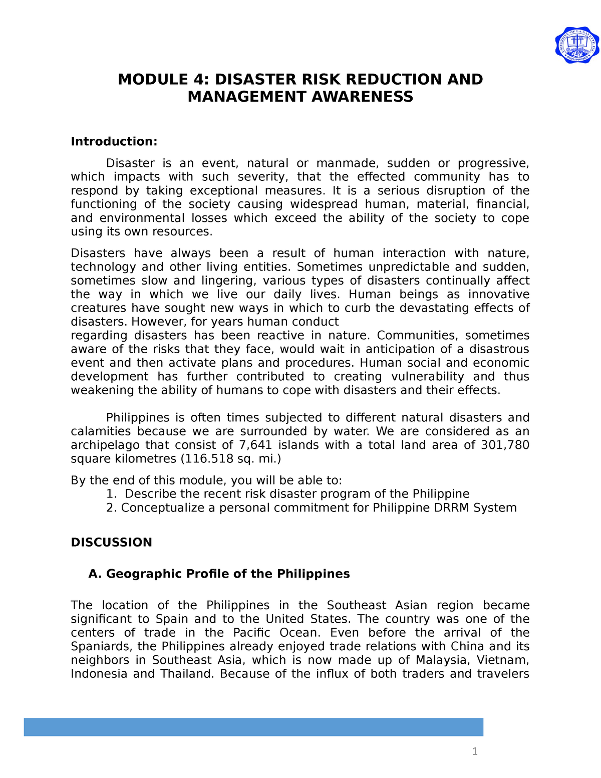 Module 4 Disaster RISK Reduction AND Management Awareness - Page 1 ...