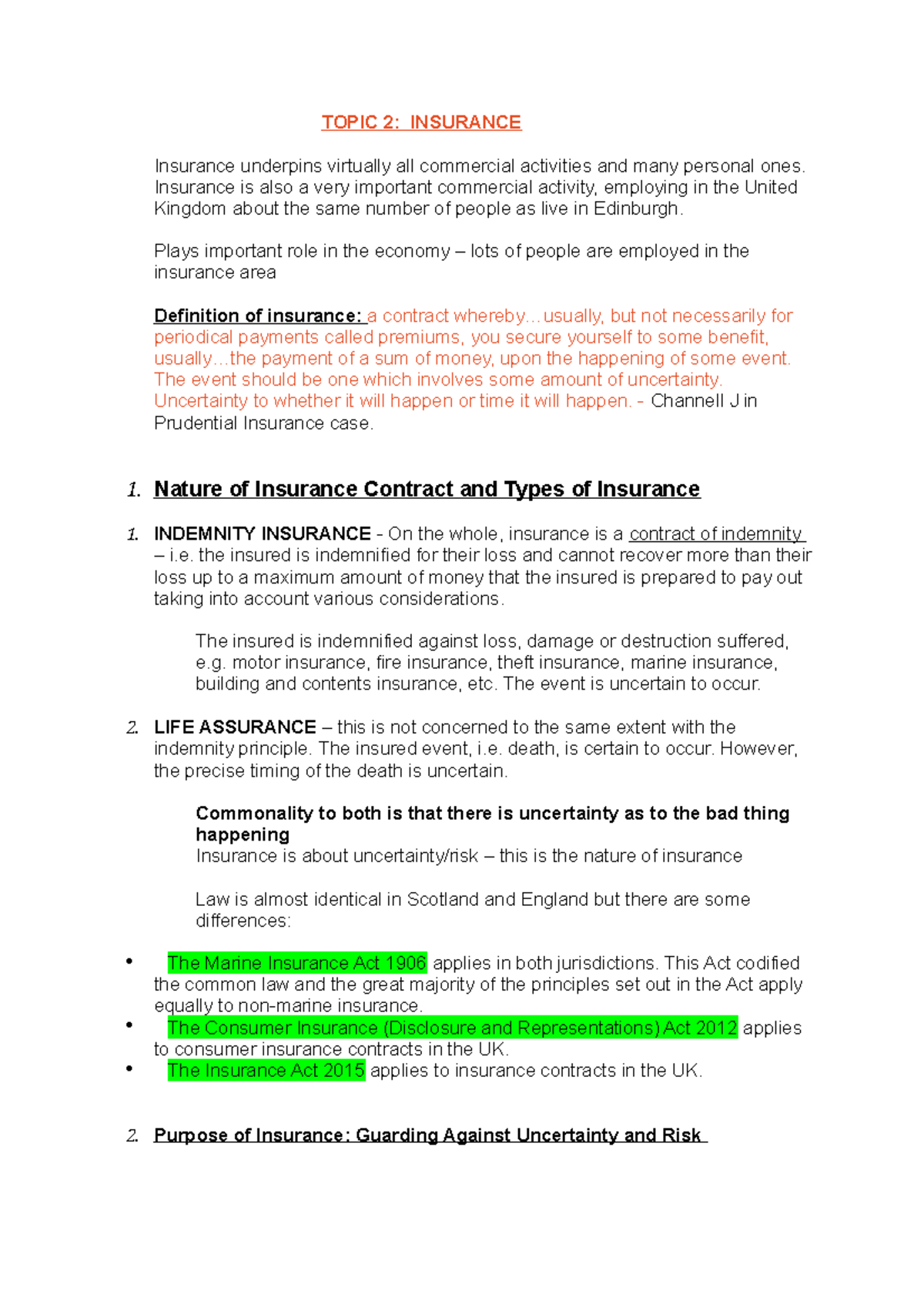 insurance law assignment topics