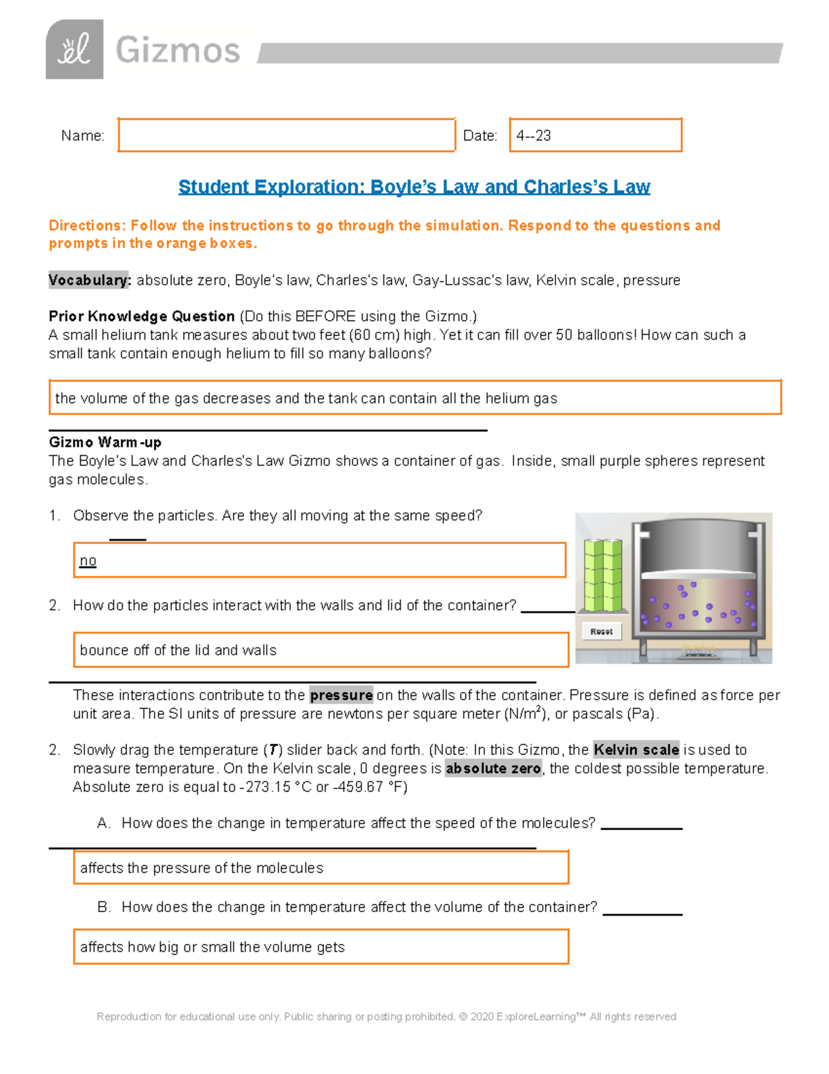 Gizmo Boyles and Charles - Name: Date: 4- Student Exploration: Boyle’s ...