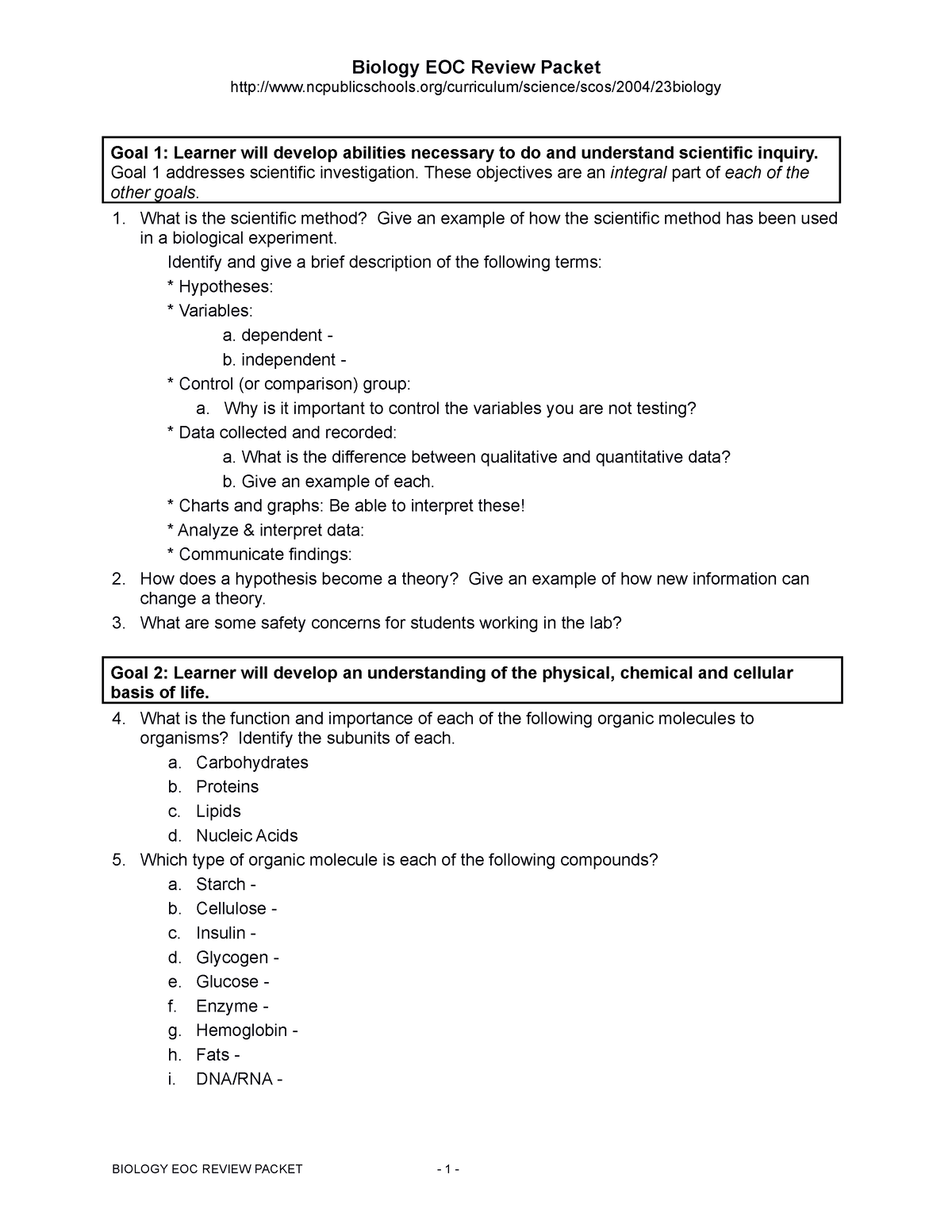 Biology Eoc Review Packet F09 Ncpublicschoolscurriculumsciencescos200423biology Goal 1