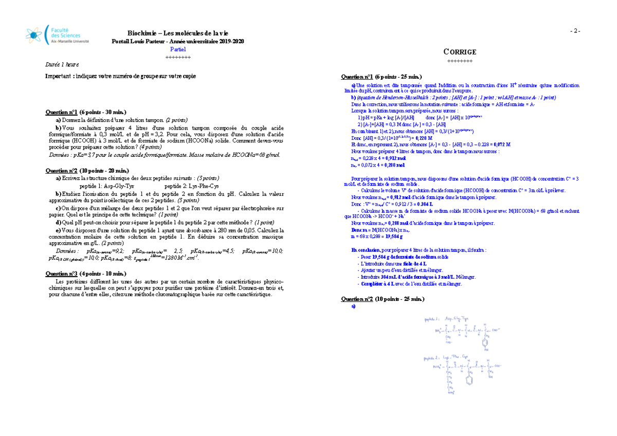 2019-2020 Partiel- BMV-Pasteur-2 - Biochimie – Les molécules de la vie