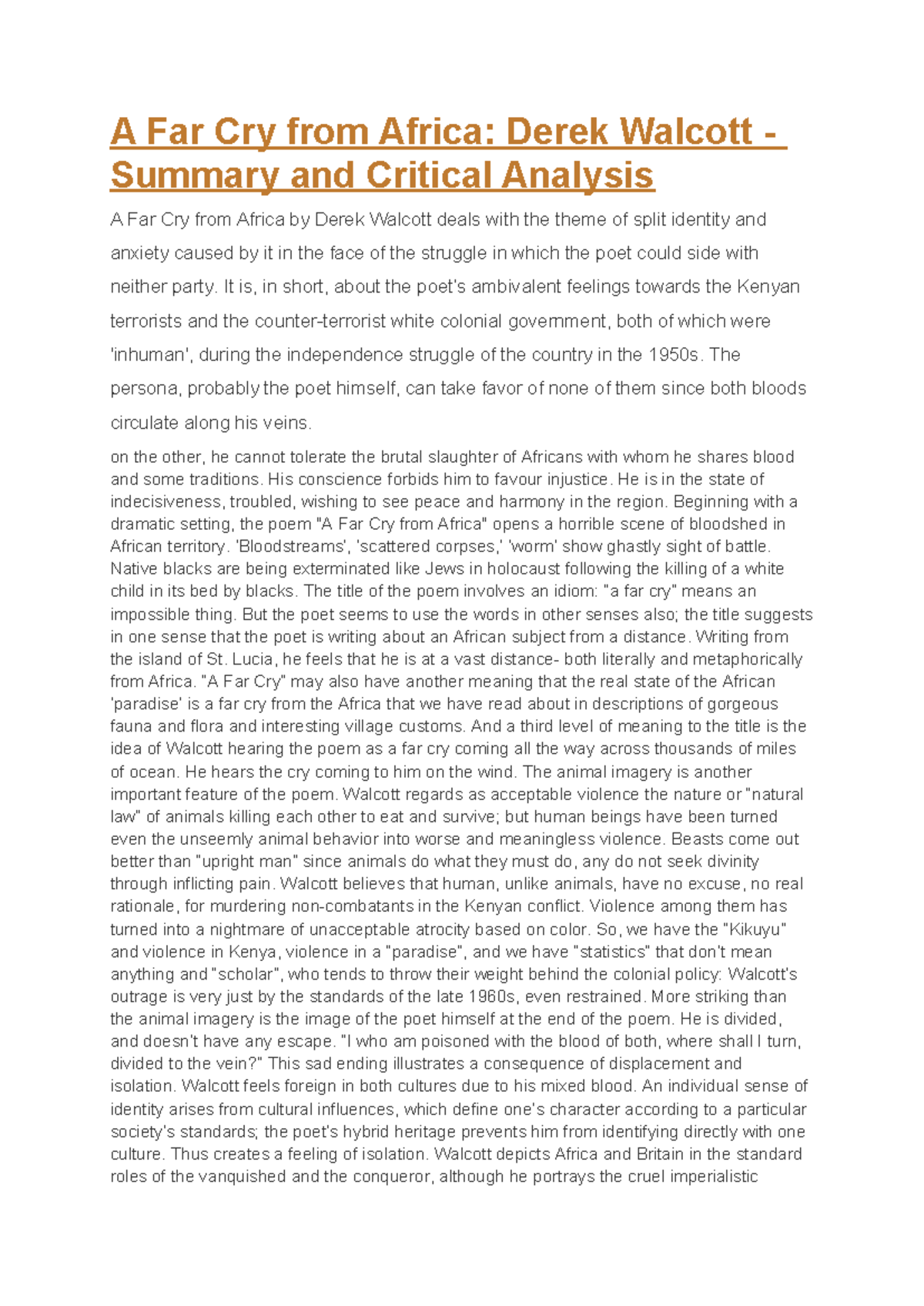 A Far Cry from Africa Derek Walcott Summ - It is, in short, about the ...