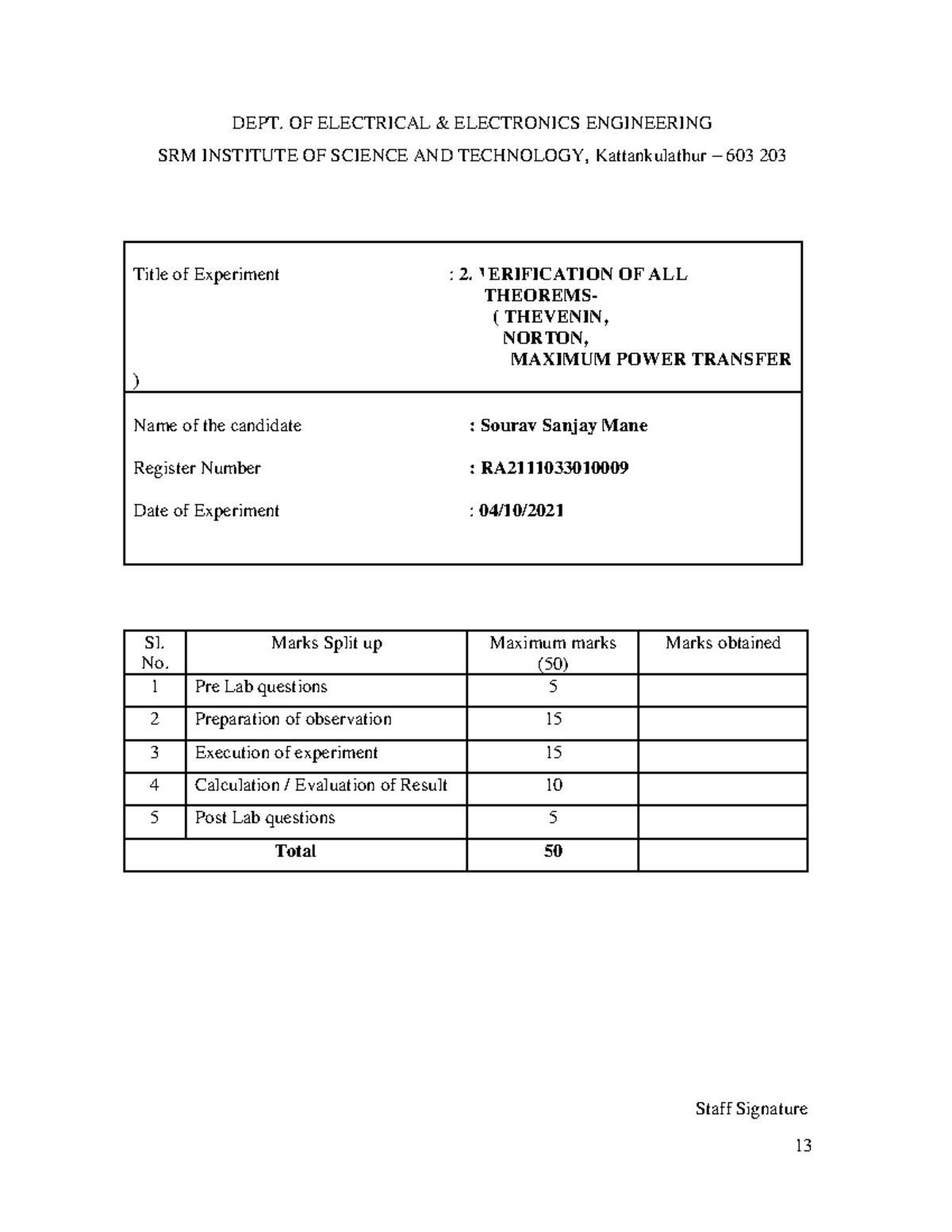 Exp 2 - Experiment no. 2 - DEPT. OF ELECTRICAL & ELECTRONICS ...