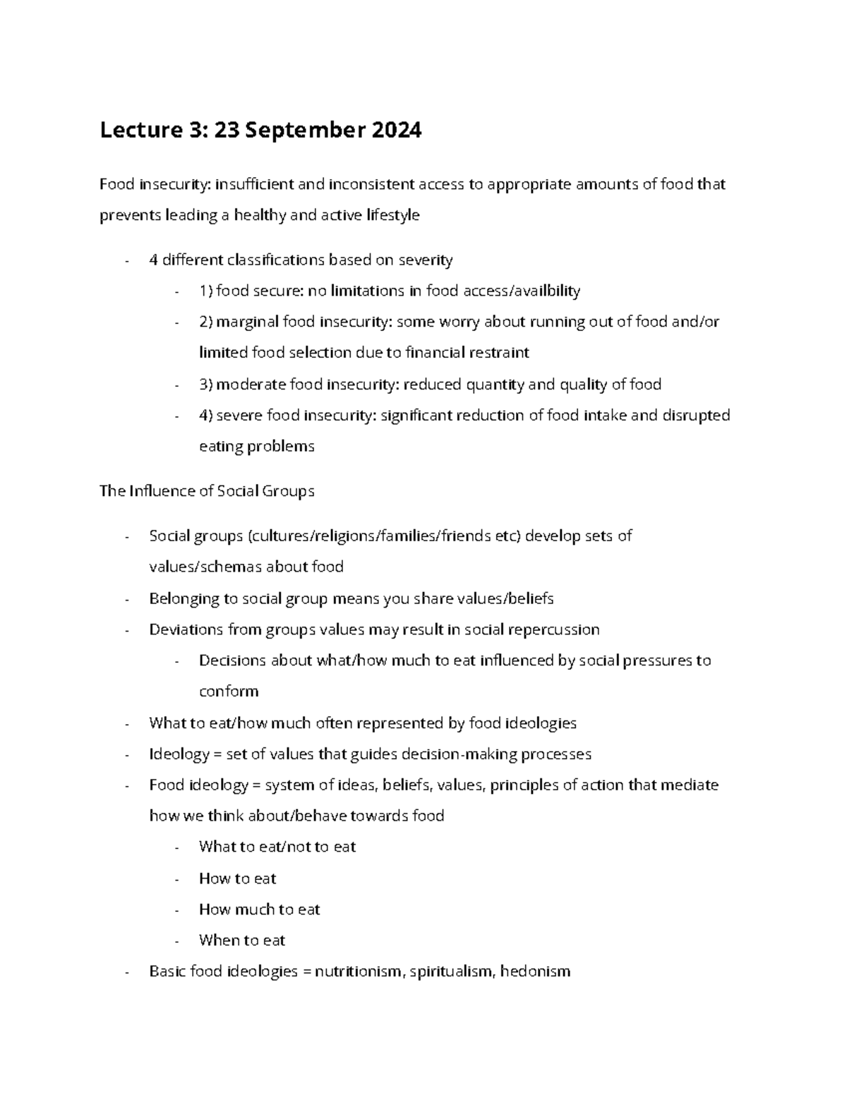 2054 lecture 3 - notes - Lecture 3: 23 September 2024 Food insecurity ...