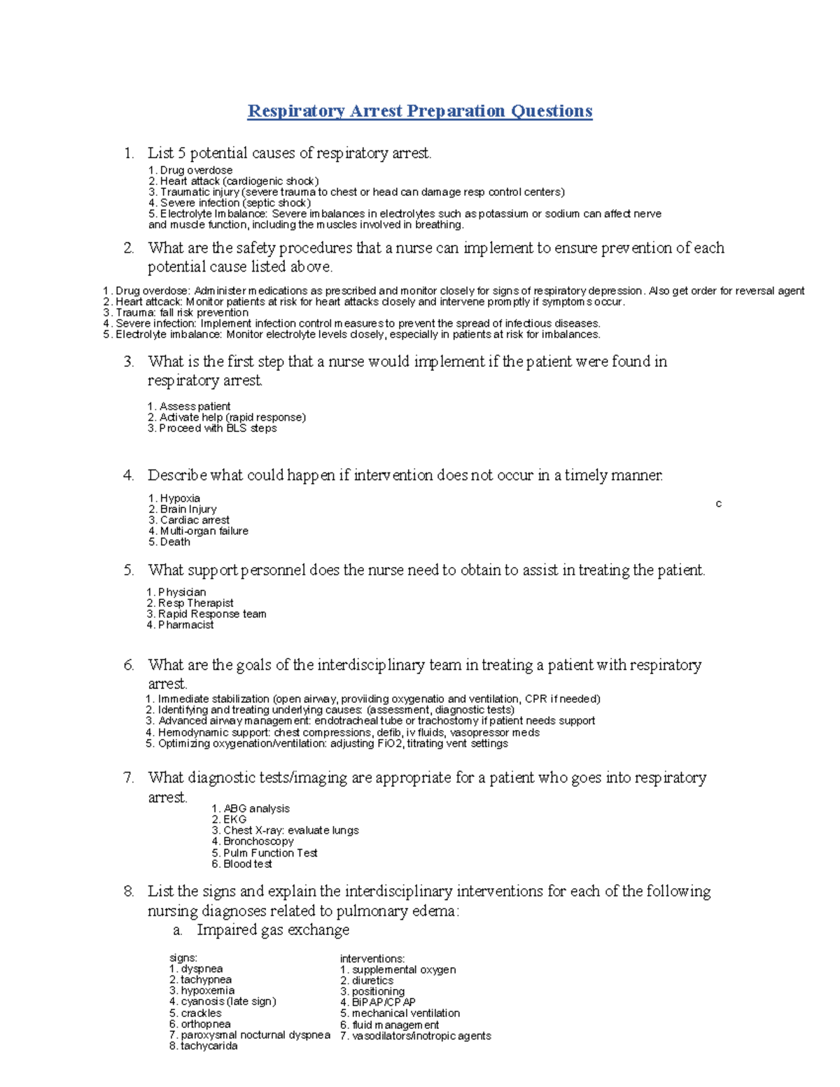Respiratory Arrest Preparation Questions - List 5 potential causes of ...