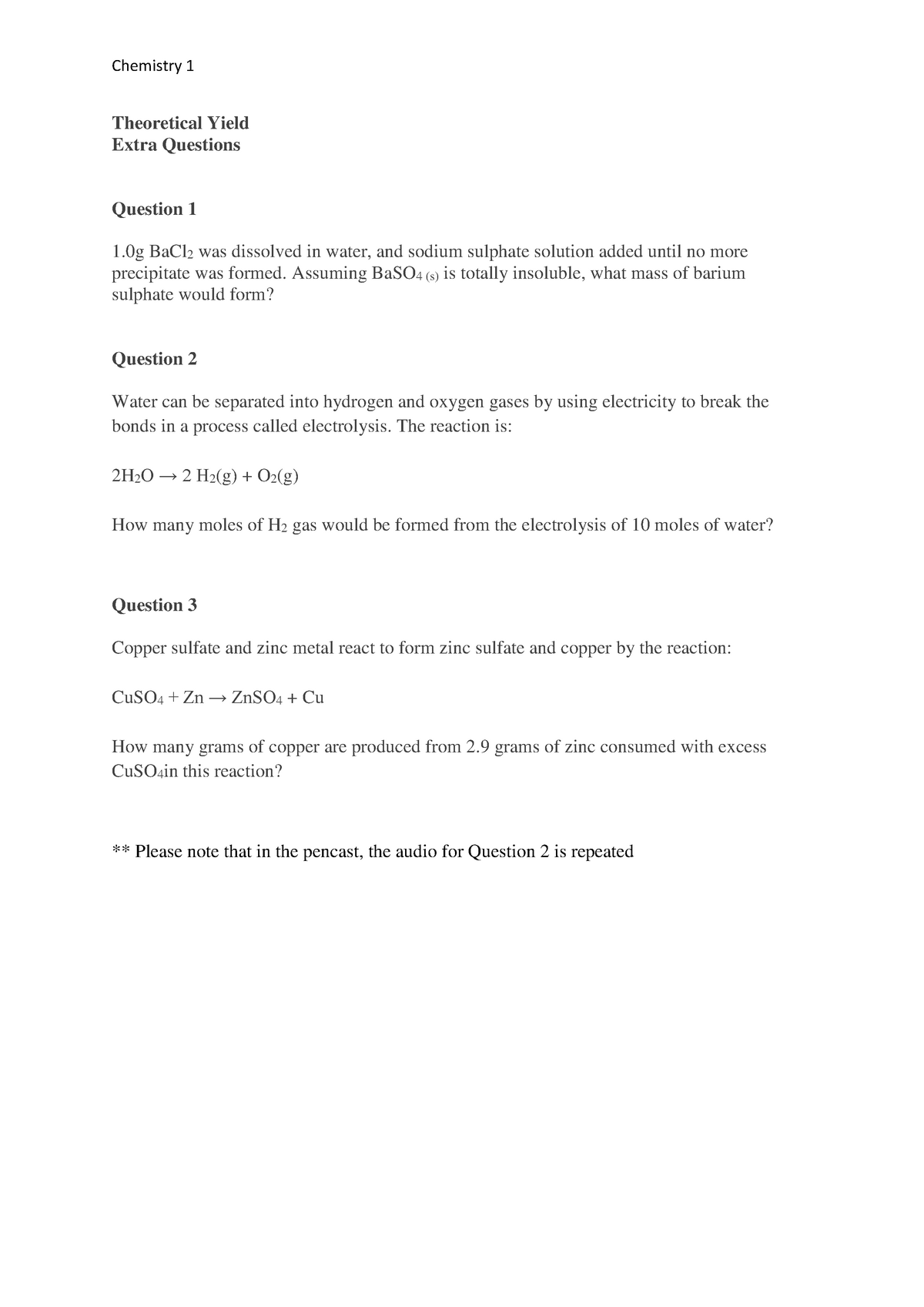 Theoretical Yield Questions - Chemistry 1 Theoretical Yield Extra ...