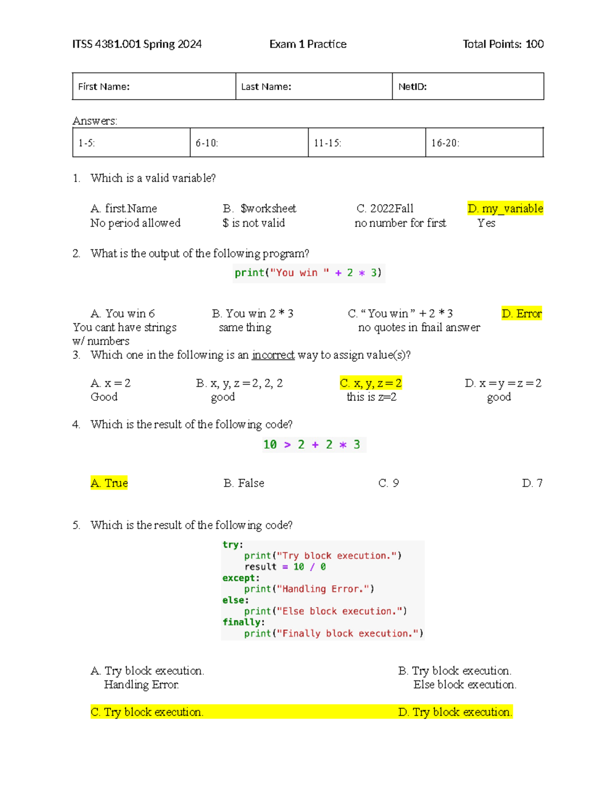 Exam 1 Practice(1)-2 - Exam 1 practice - First Name: Last Name: NetID ...