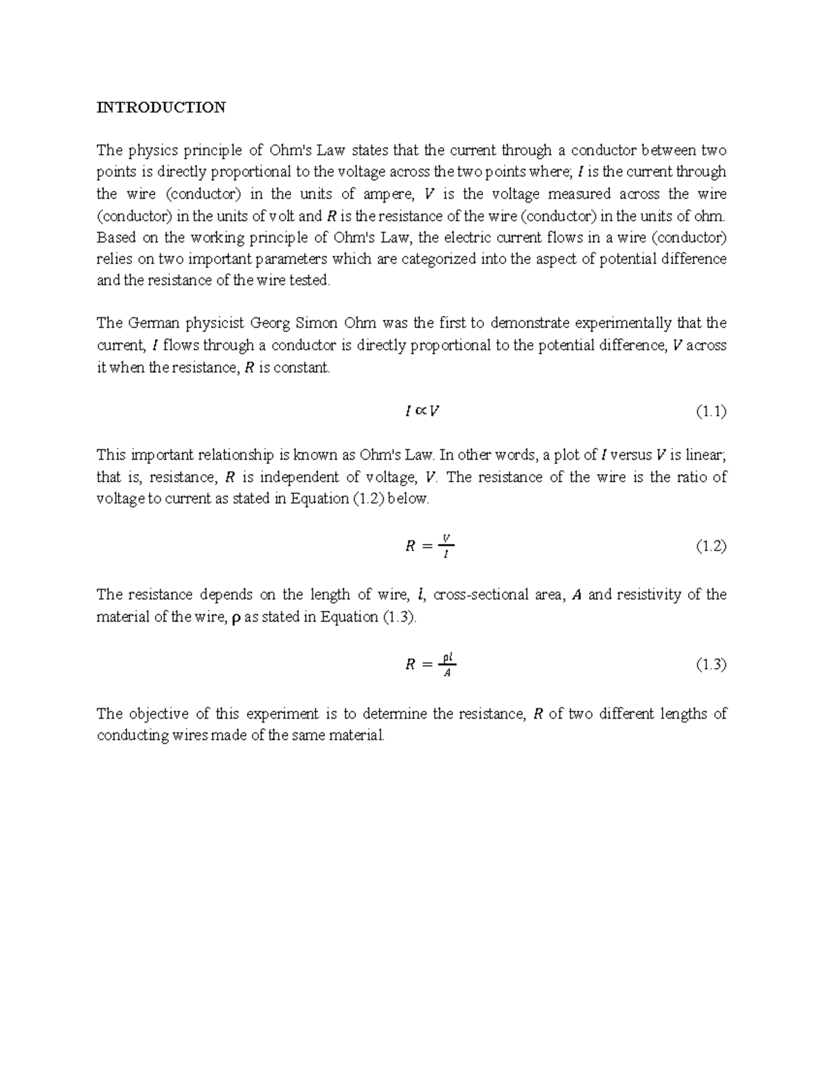 Intro PHY - lab report - INTRODUCTION The physics principle of Ohm's ...