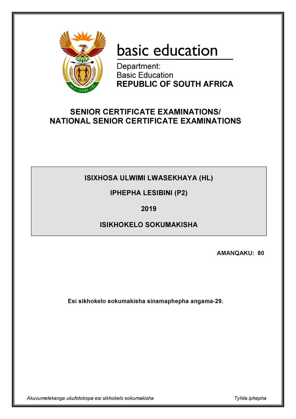 Isi Xhosa HL P2 May-June 2019 Memo - SENIOR CERTIFICATE EXAMINATIONS ...