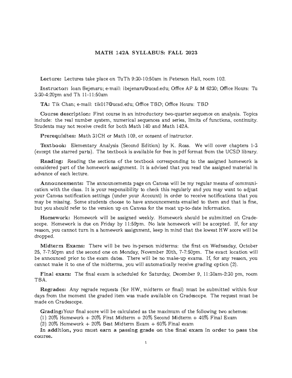 Syllabus - MATH 142A SYLLABUS: FALL 2023 Lecture: Lectures take place ...