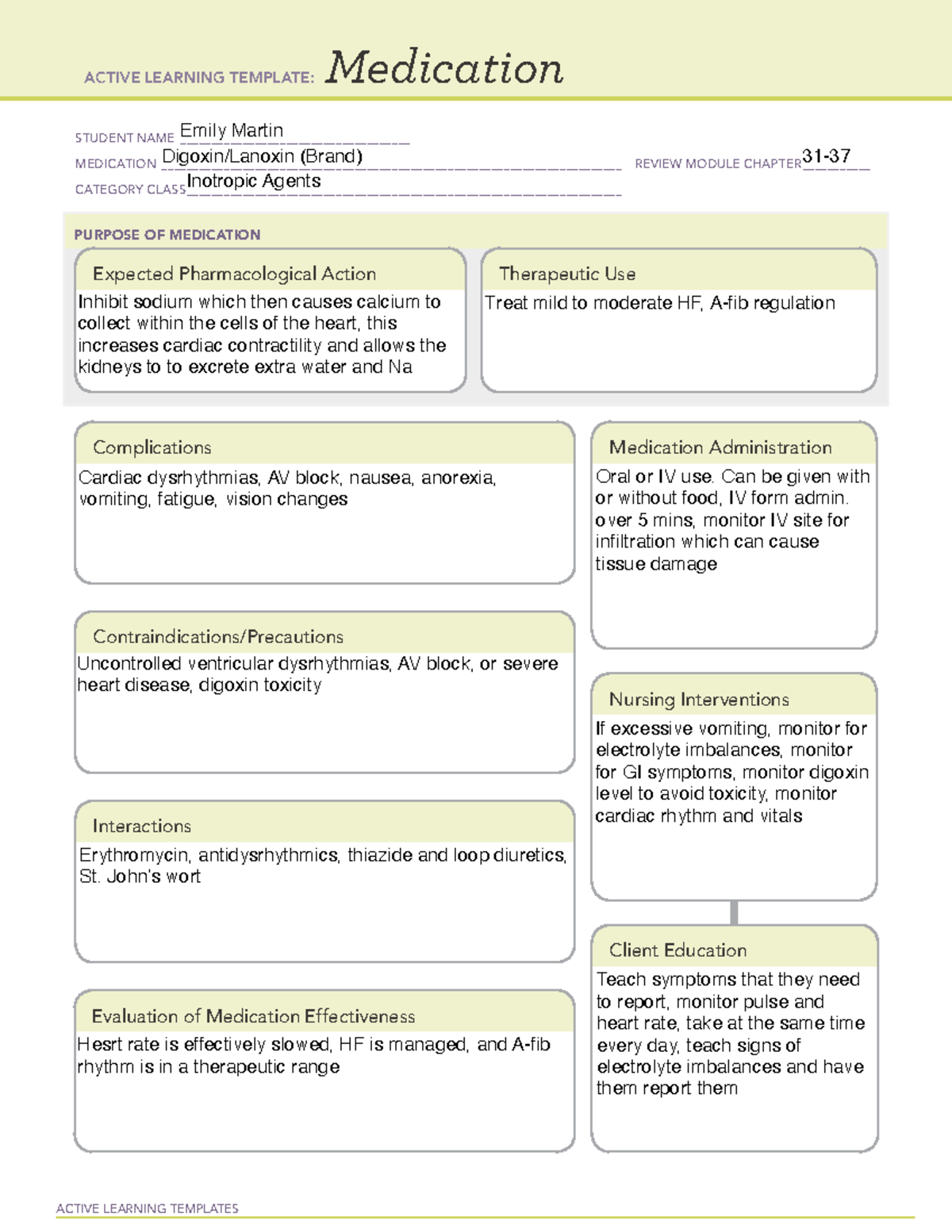 Lanoxin - ACTIVE LEARNING TEMPLATES Medication STUDENT NAME