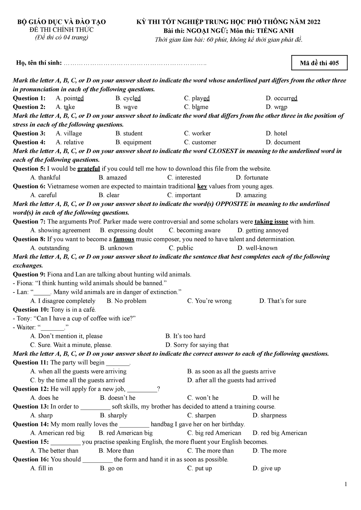 Đề thi tốt nghiệp THPT 2022 môn Tiếng Anh PDF - Mã đề 405 - BỘ GIÁO DỤC ...