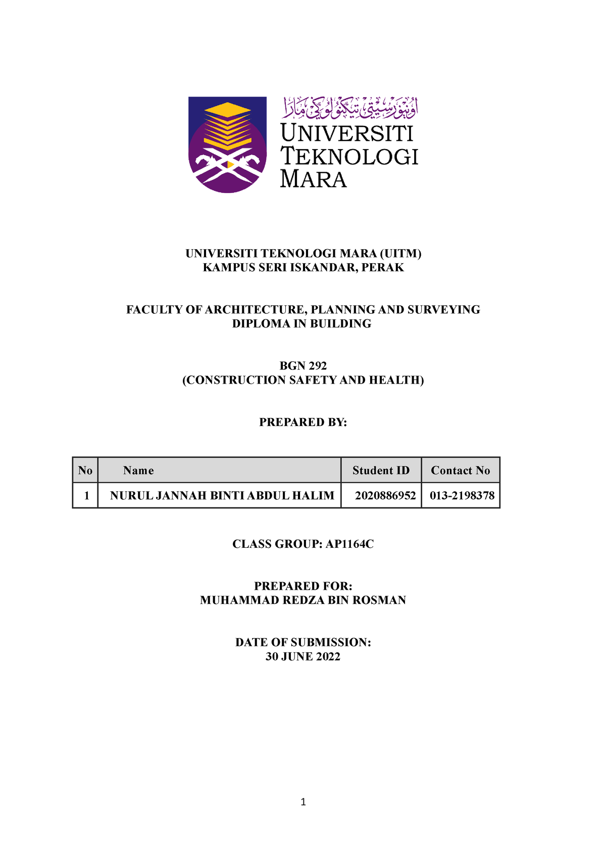 BGN292 CASE Study - CONSTRUCTION SAFETY AND HEALTH - UNIVERSITI ...