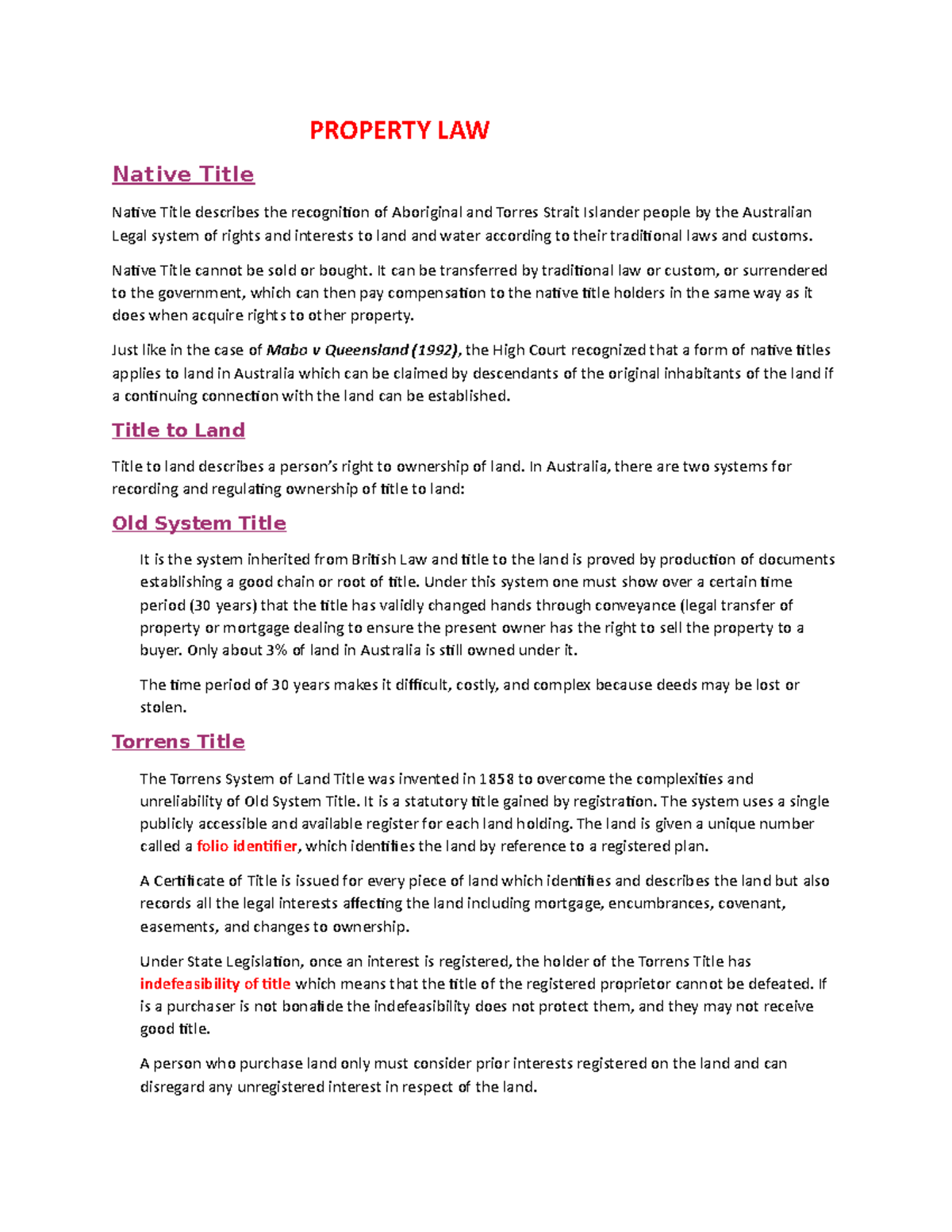 Property Law - Lecture notes 1 - PROPERTY LAW Native Title Native Title ...