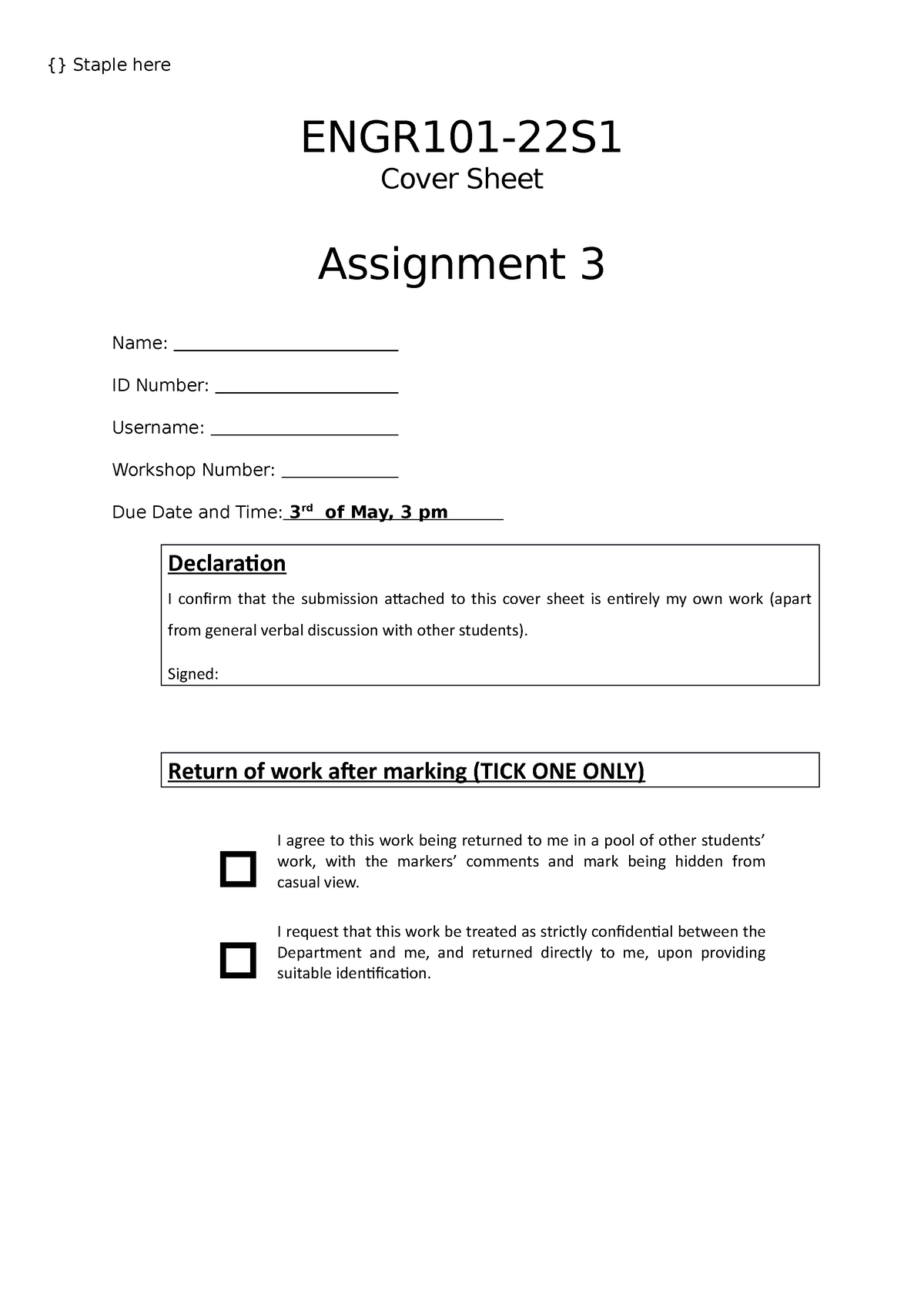 ENGR101 Assignment 3 Report Template final ver {} Staple here ENGR101