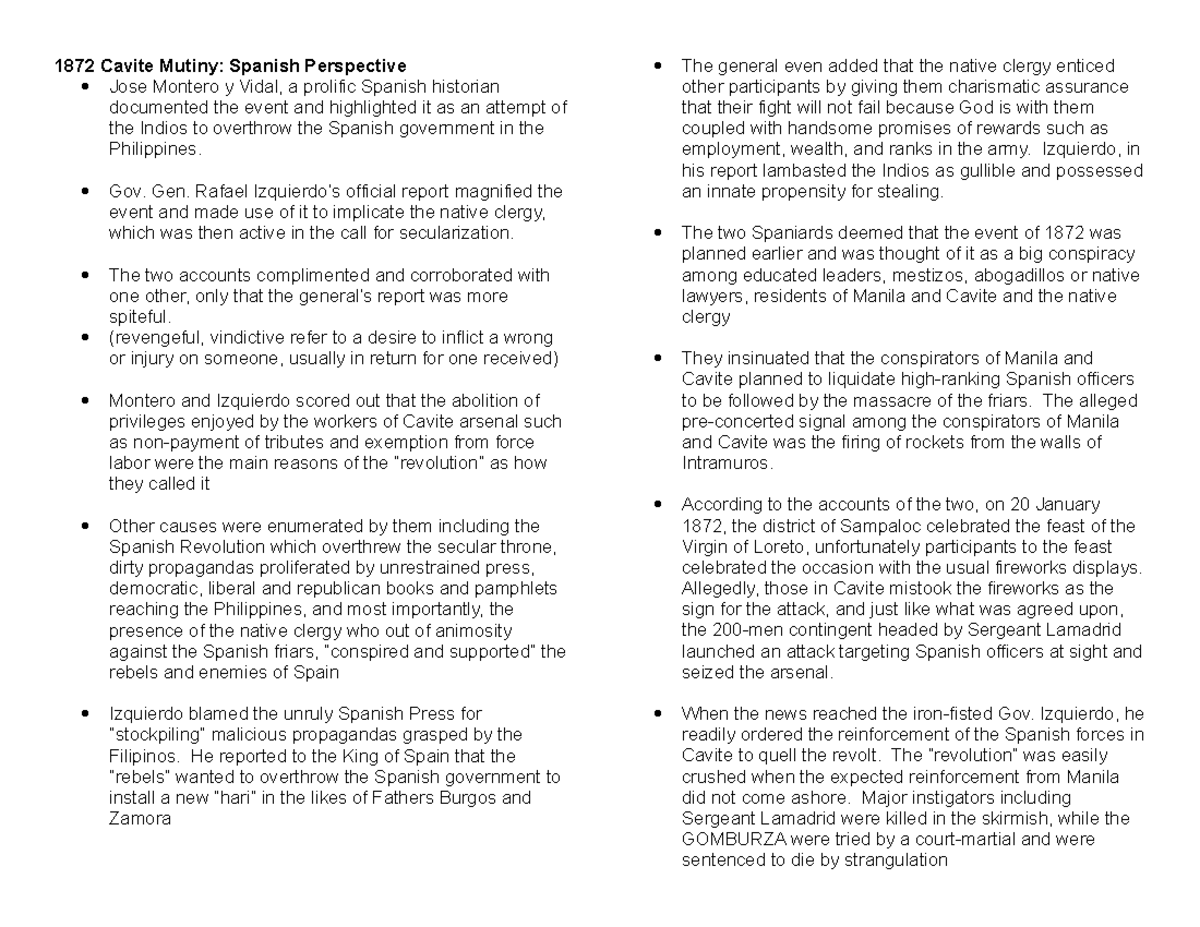 Phil. History Final 1872 Cavite Mutiny Spanish Perspective Jose