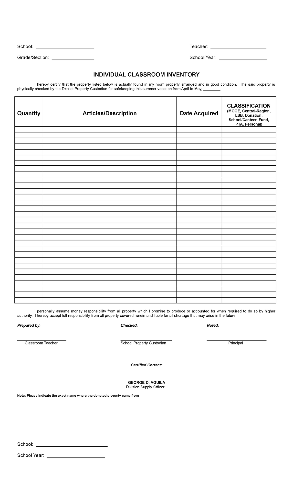 Inventory Forms good School ______________________ Teacher