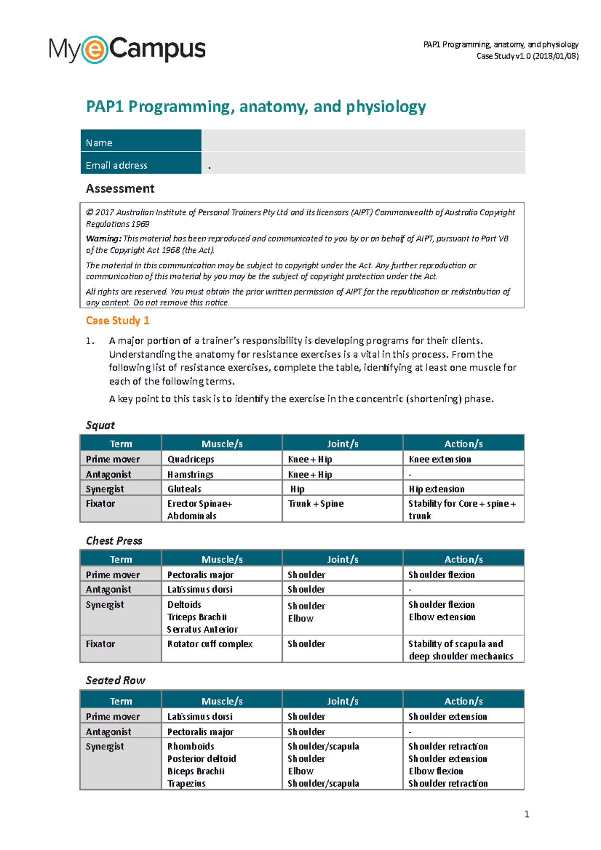 PAP1-Case Study - Functional Anatomy Fitness - PAP1 Programming ...