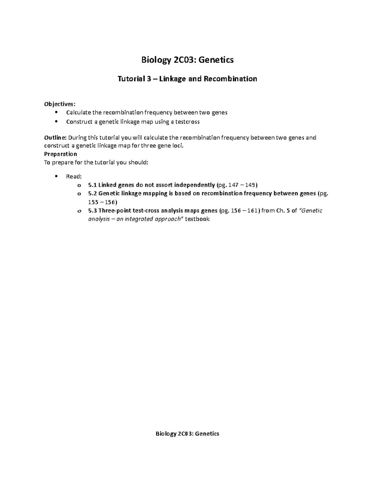 Tutorial 3 Linkage and recombination - Biology 2C03: Genetics Tutorial ...