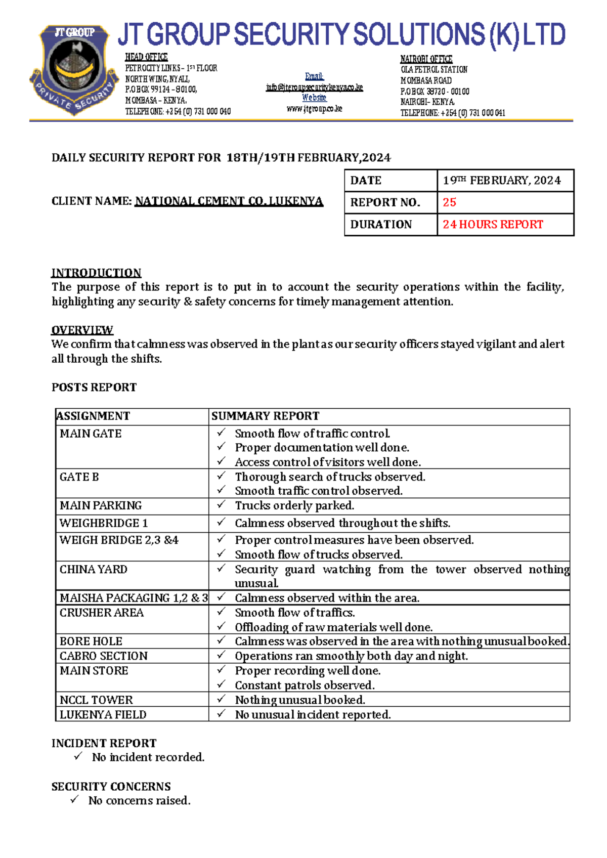 Daily NCCL Security Report 25 - DAILY SECURITY REPORT FOR 18 TH/ 19 TH ...