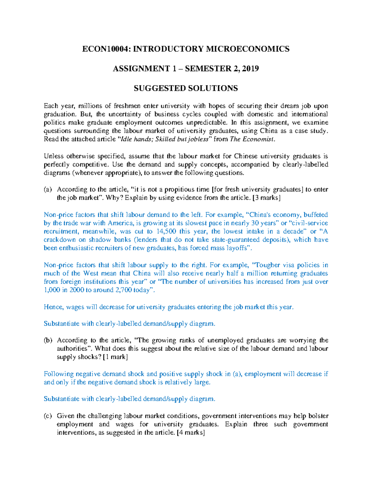 Assignment 1 - solutions - ECON10004: INTRODUCTORY MICROECONOMICS ...