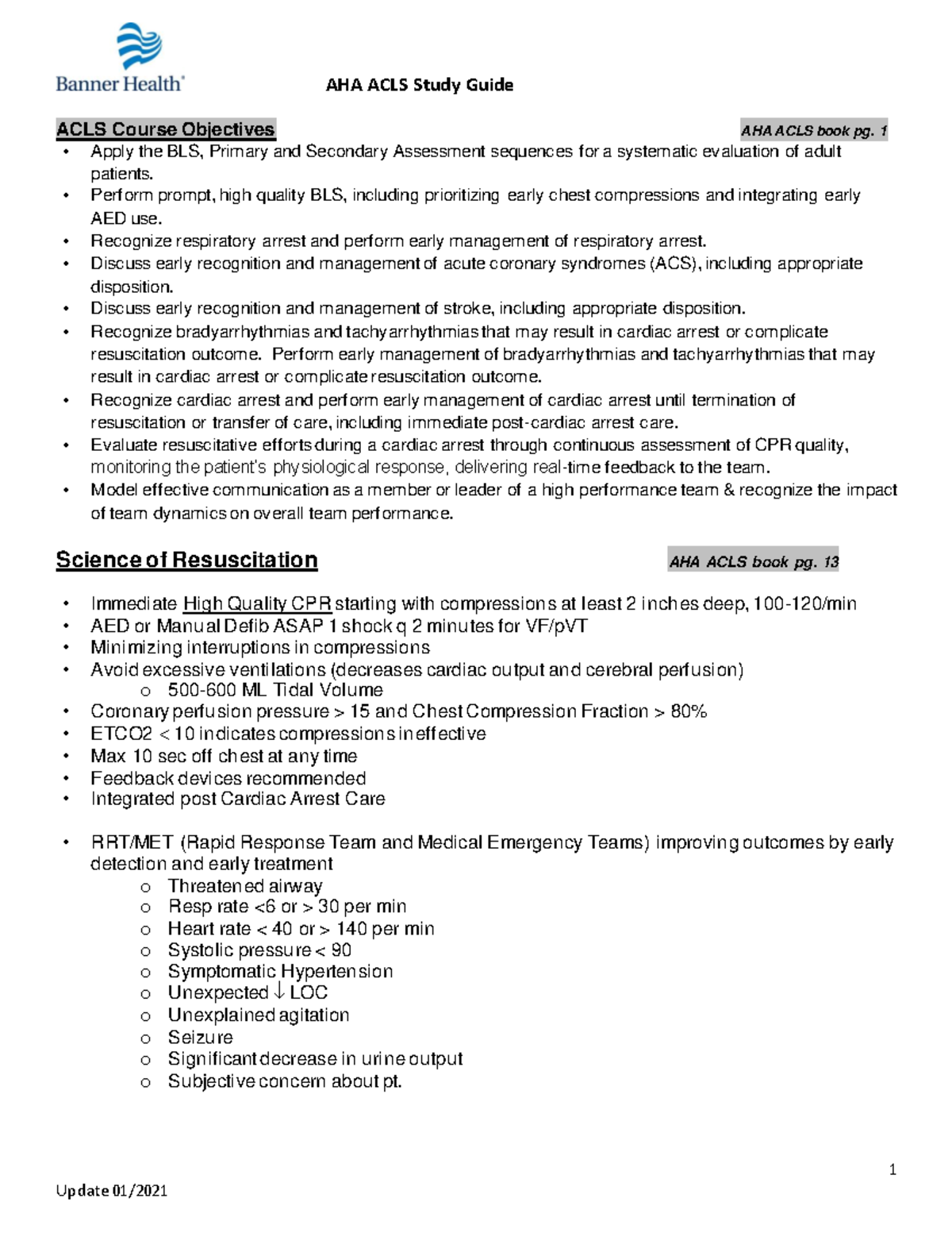 Aha acls 1 acls 1 acls course objectives aha acls book pg 1 apply
