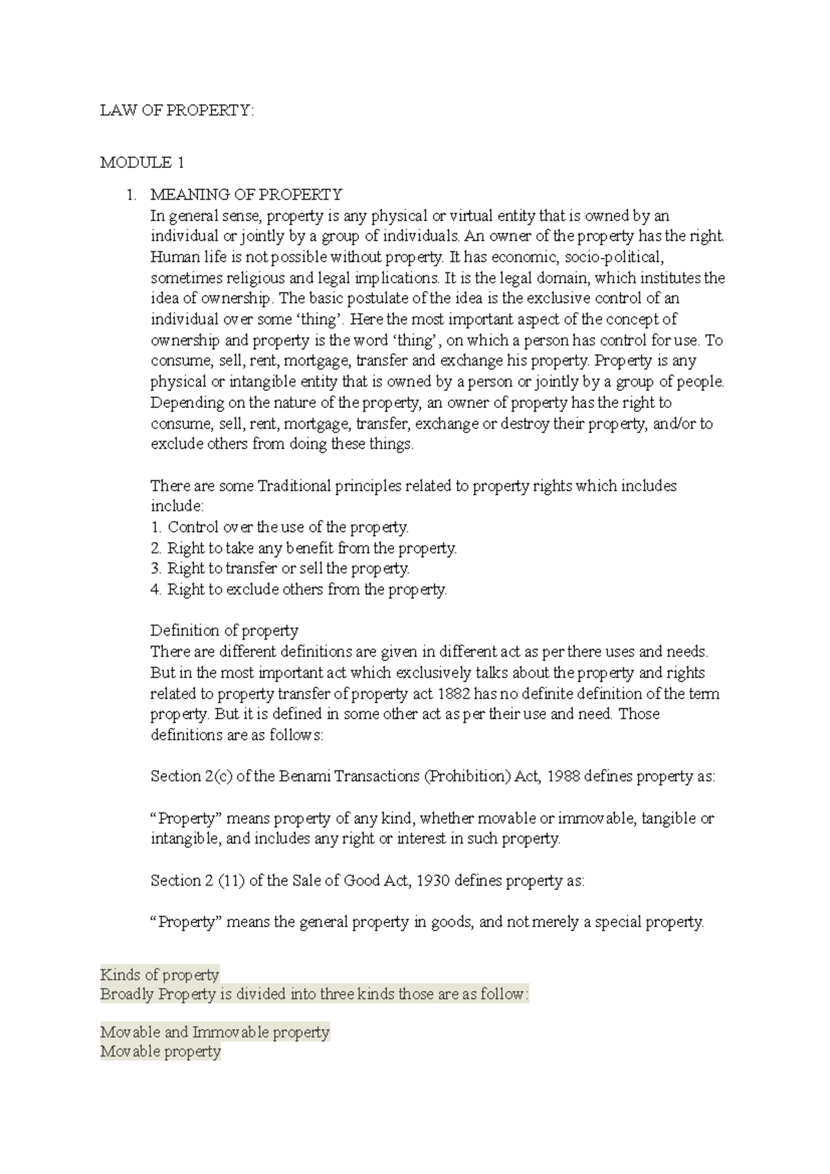 LAW OF Property Summary Corporate Laws LAW OF PROPERTY MODULE 1 1