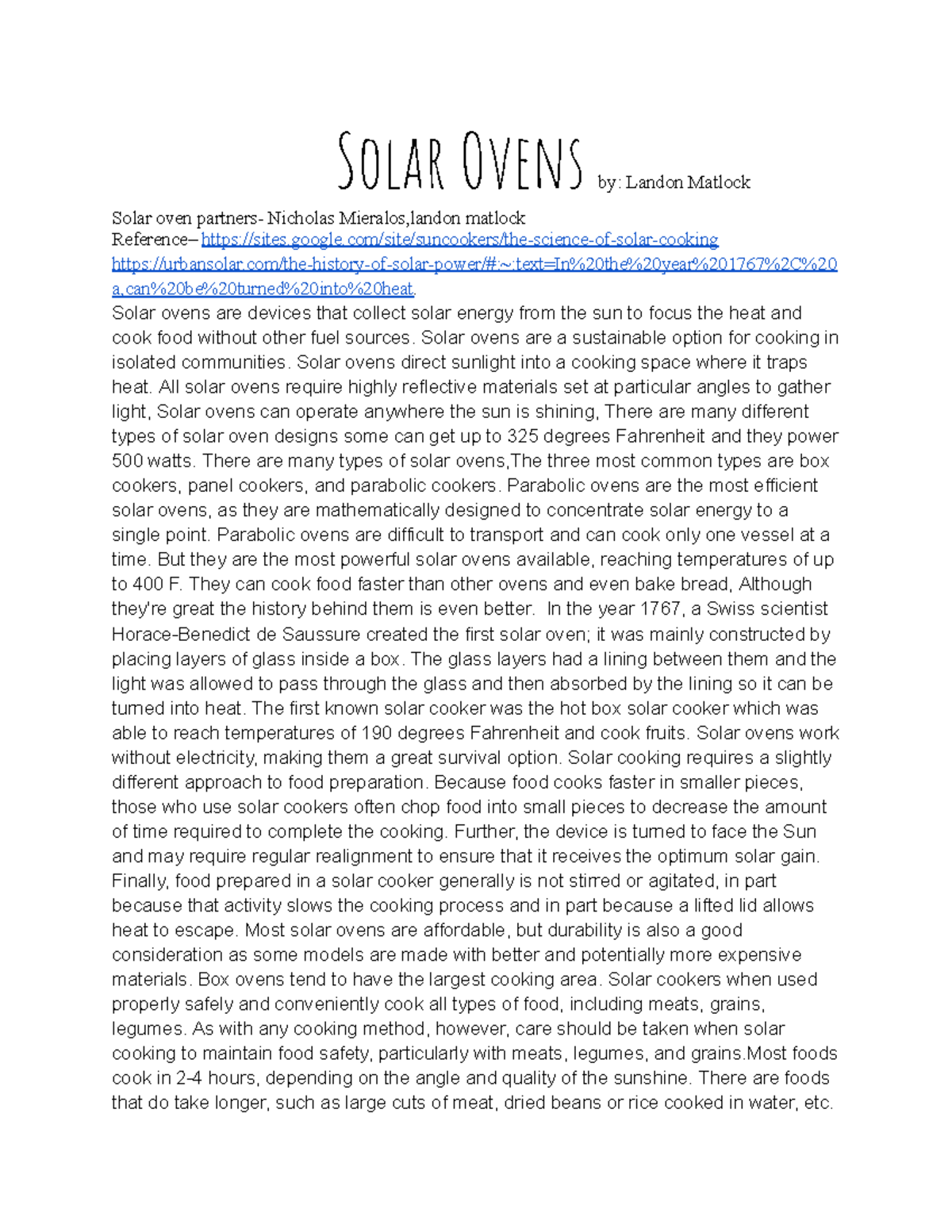 Solar Oven Report assignment from science Solar Ovens by Landon