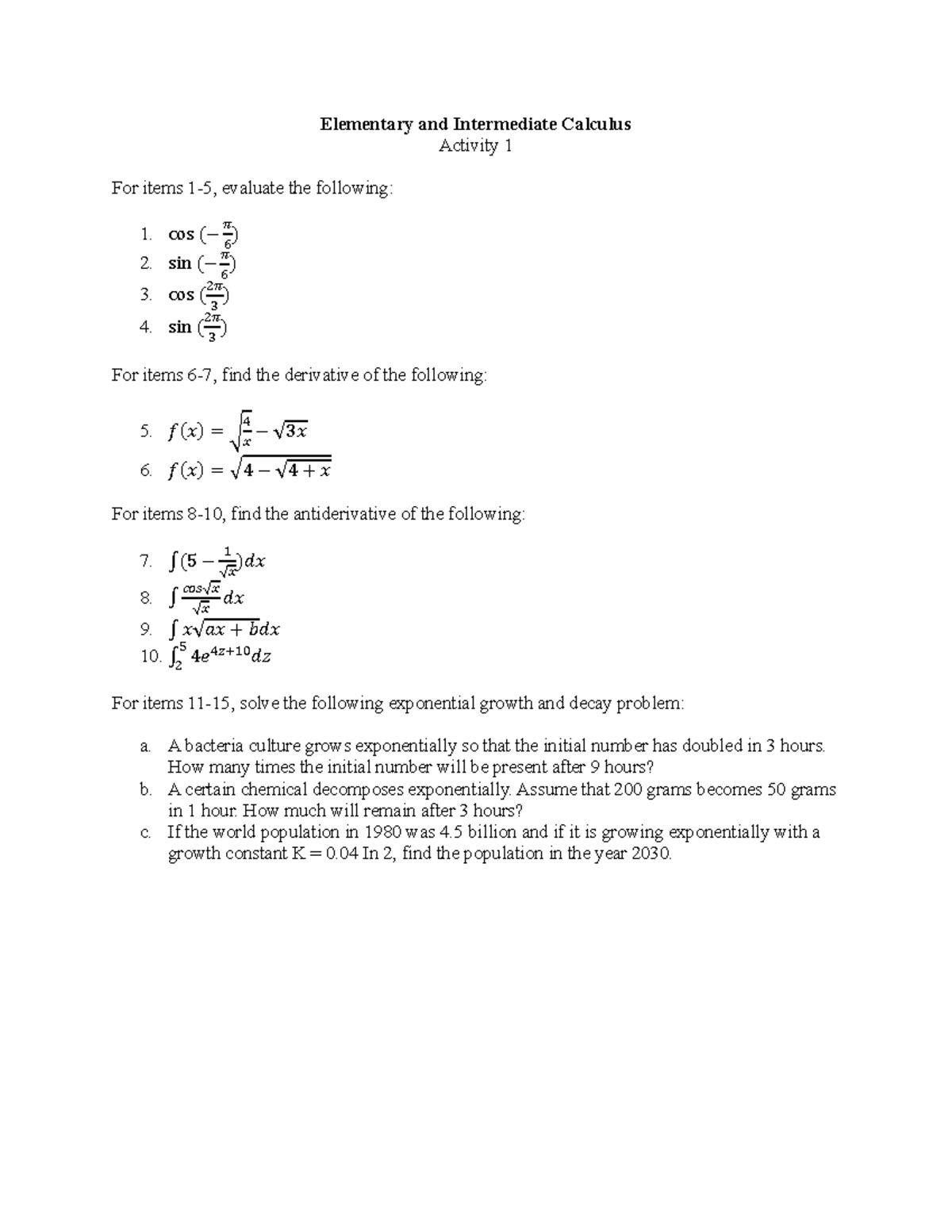 Elementary and Intermediate Calculus - Elementary and Intermediate ...