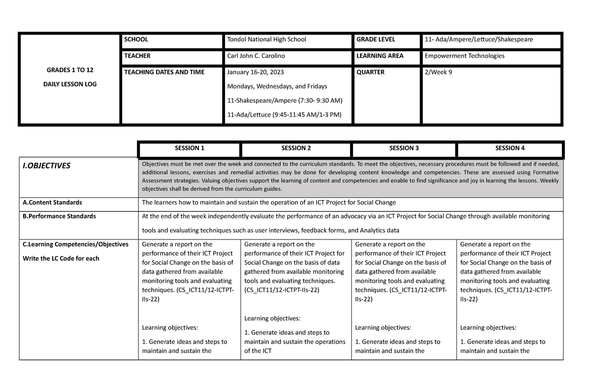 Et Q2 W9 - Lecture - Grades 1 To 12 Daily Lesson Log School Tondol 