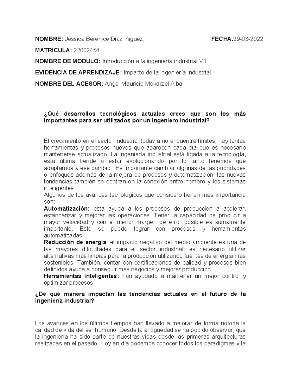 Impacto de la ingenieria industrial - NOMBRE: Jessica Berenice Diaz ...