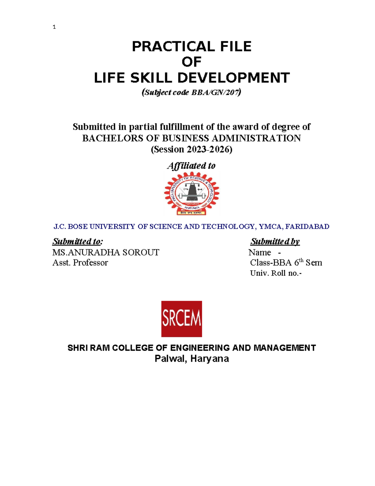 Front Page LSD - 1 PRACTICAL FILE OF LIFE SKILL DEVELOPMENT (Subject ...