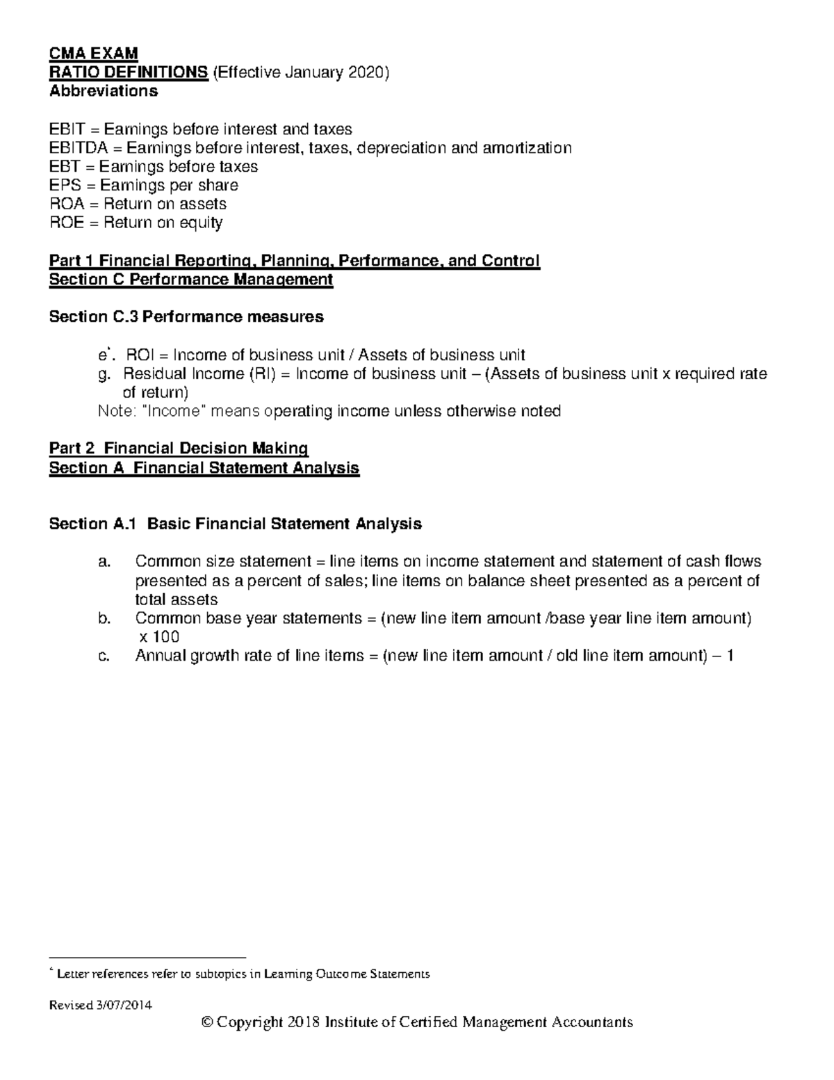 CMA Part 2 Formula - CMA EXAM RATIO DEFINITIONS (Effective January 2020 ...