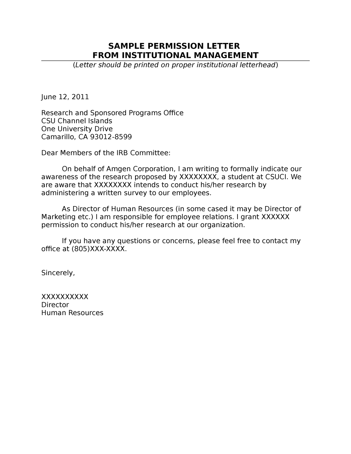 Sample Institutional Management Letter - Sample Permission Letter From 