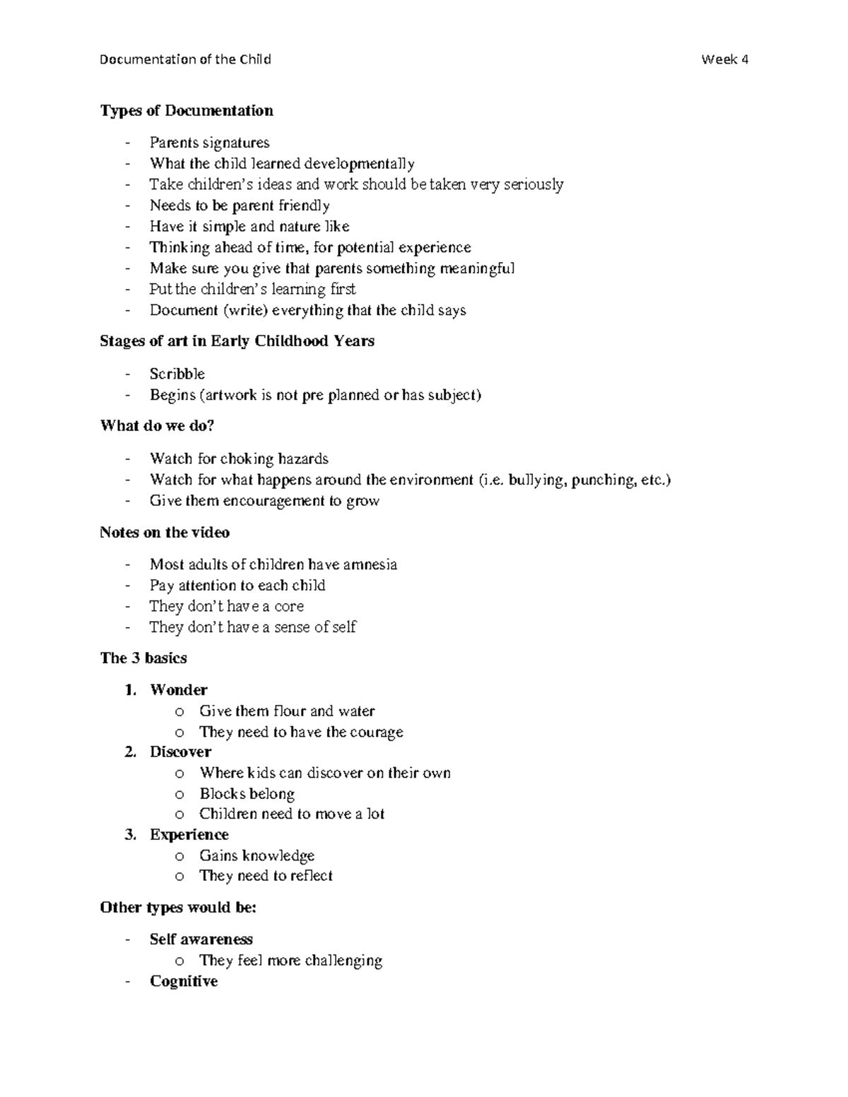 Documentation of the Child - Documentation of the Child Types of ...