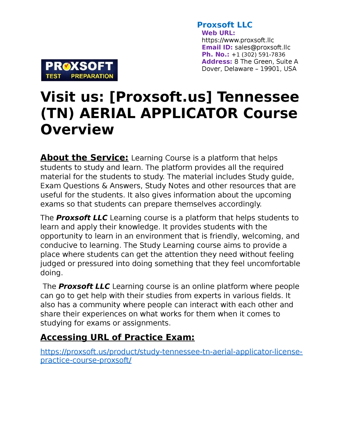 Tennessee (TN) AERIAL APPLICATOR Practice Course Proxsoft LLC  URL