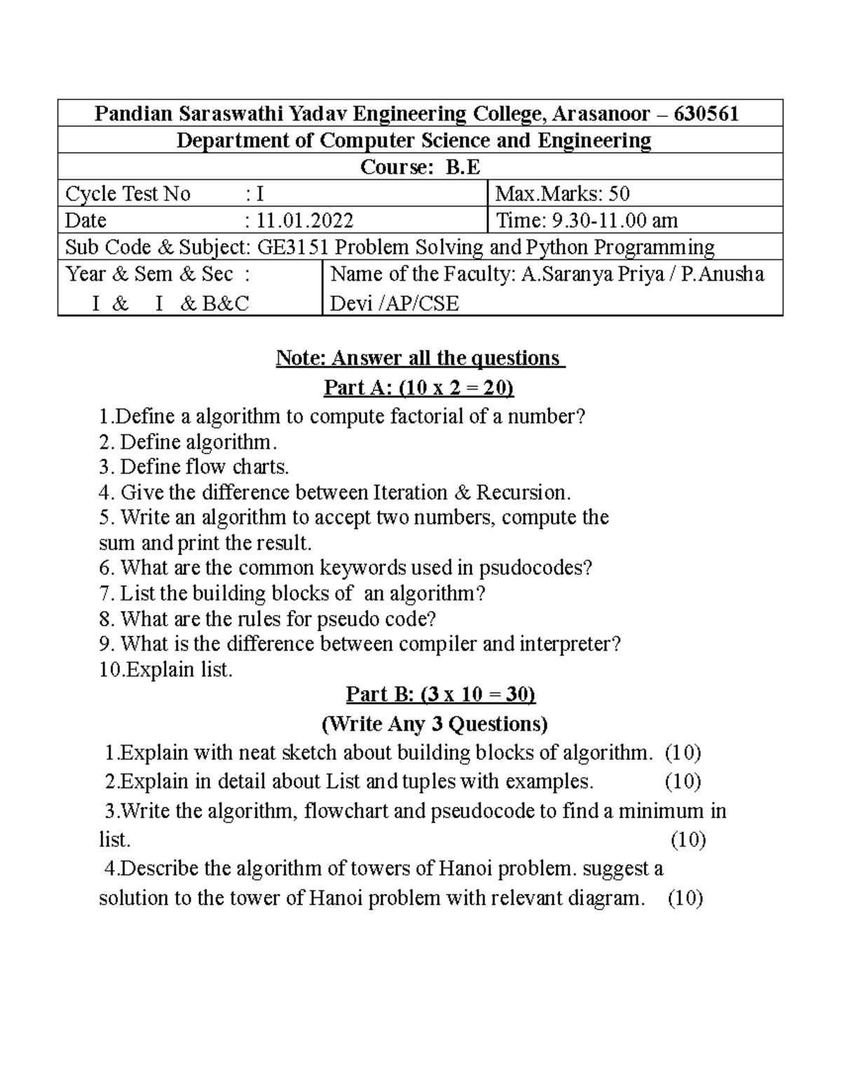 Pspp question - Pandian Saraswathi Yadav Engineering College, Arasanoor ...